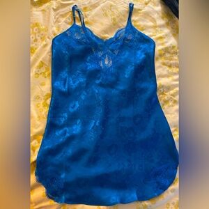 Small Satin Lace Lingerie Slip Dress V Front/Back Sleep Chemise Electric Blue